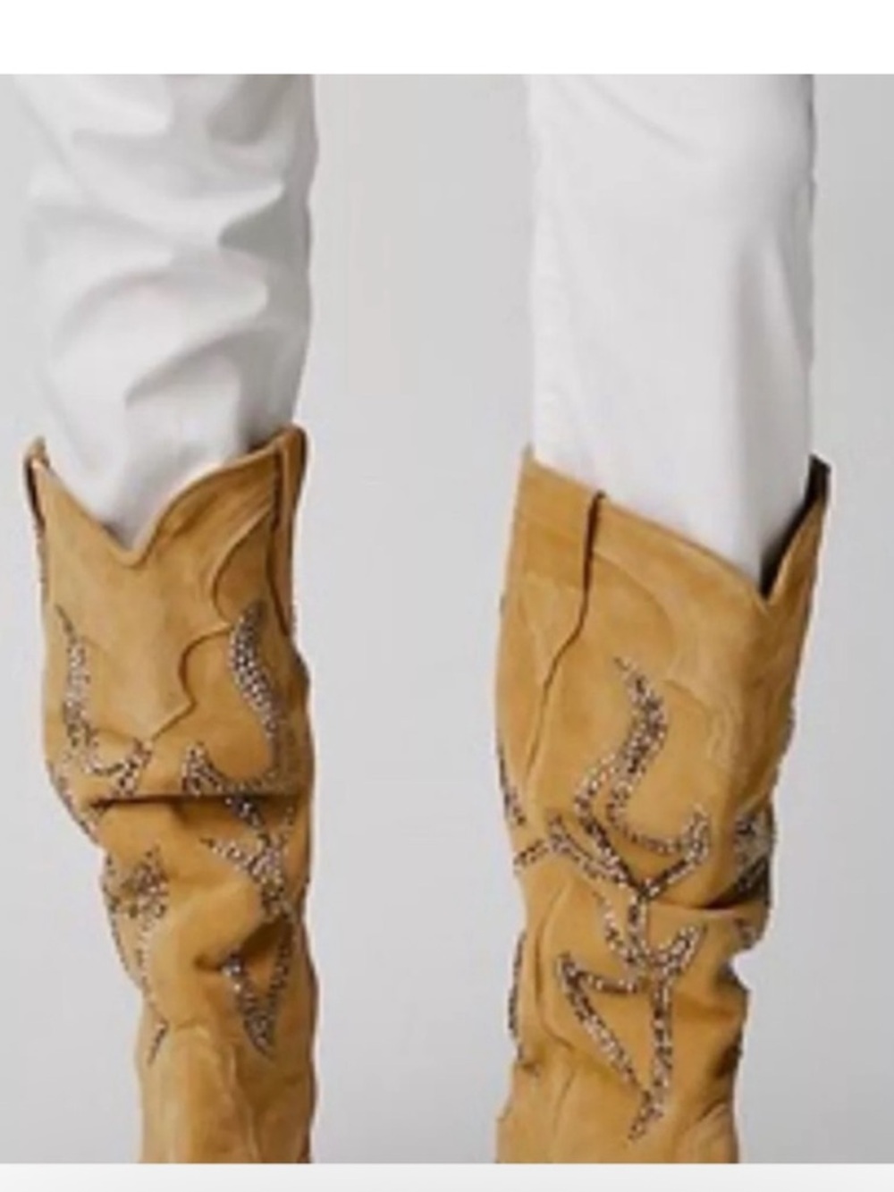 Free People Tan Suede Over-the-Knee Western Boots with Crystal Accents NEW! - Picture 3 of 9